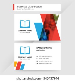 Template of business card for press services company with blue book vector on gray background, design elements of red and orange shapes