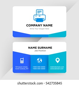 Template of business card for print services company with blue printer machine vector on gray background, elements of phone and earth icons on cyan colored ground
