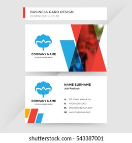 Template of business card for recycle services company with blue tree vector on gray background, design elements of red and orange shapes