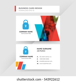 Template of business card for security services company with blue lock vector on gray background, design elements of red and orange shapes