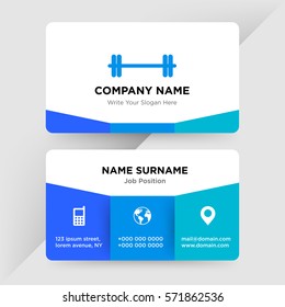 Template of business card for sport club, trainer, bodybuilder services  company with blue barbell, weight, crossbar vector with elements of phone contacts, location, web icons on cyan ground