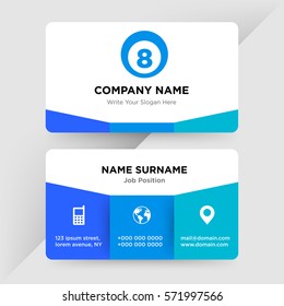 Template of business card for sport entertainment services  company with blue billiard balls number vector with elements of phone contacts, location, web icons on cyan ground