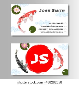 Template for business card with sun and carp koi in Japanese style. Vector illustration