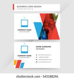 Template of business card for technology services company with blue tablet vector on gray background, design elements of red and orange shapes