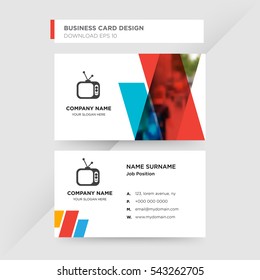 Template of business card for technology services company with blue television vector on gray background, design elements of red and orange shapes
