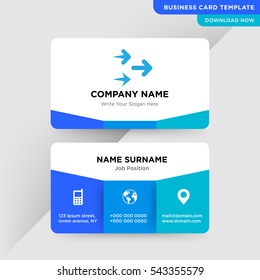 Template of business card for traveling services company with blue arrow vector on gray background, elements of phone and earth icons on cyan colored ground