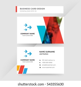 Template of business card for traveling services company with blue arrow vector on gray background, design elements of red and orange shapes