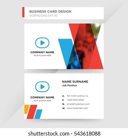 Template of business card for video services company with blue play vector on gray background, design elements of red and orange shapes