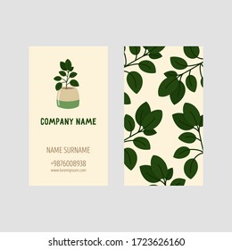 Template for business cards with cute potted plants. Doodle style floral elements, vector illustration.