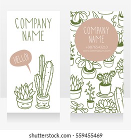 Template for business cards with cute potted plants with funny cartoon faces and speech bubble, vector illustration