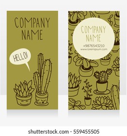 Template for business cards with cute potted plants with funny cartoon faces and speech bubble, vector illustration