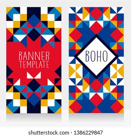 template for business cards with geometric boho style ornament, pop art style colors, vector illustration
