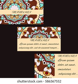 Template business cards with oriental pattern and  geometric circle element. Vintage decorative mandala pattern. Decorative floral business cards, vector template.