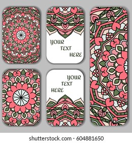 Template business cards with oriental pattern and geometric circle element. Vintage decorative mandala pattern on a gray background. Decorative floral business cards, vector template.