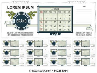 Template business desk calendar with space for notes. 2016. Week starts on Sunday