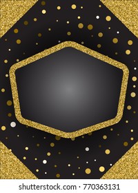 Template for business greeting offer card. Gold shining frame with corners. Vector illustration