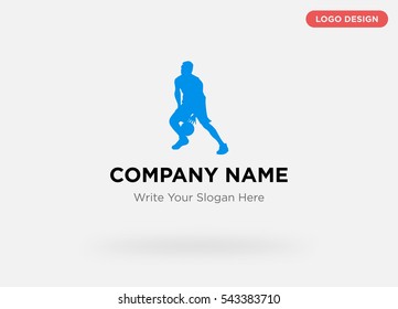 Template of business logo for sport and fitness services company with blue athlete playing golf vector on gray background
