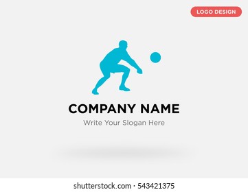 Template of business logo for sport services company with blue volleyball player vector on gray background