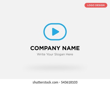 Template of business logo for video services company with blue play vector on gray background