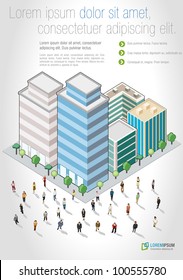 Template with business people in front of a isometric city