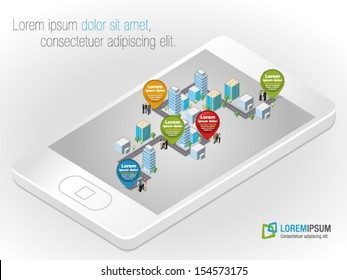 Template with business people in the street of a isometric city over smart phone 