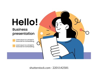 Template for business presentation. Welcome slide with hello lettering and smiling female entrepreneur. Project start. Design element for banner. Cartoon flat vector illustration isolated on white