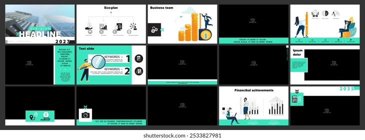 Template for business presentations. Green, black elements on a white background. Slide, financial eco-plan of people in the city. Infographics, report, advertisement, powerpoint. Vector illustration
