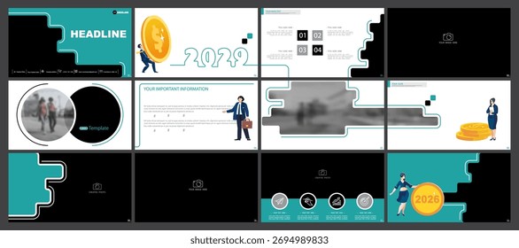 Template business presentations, green design elements on a white background. Businessman with finances for 2026, buying a property apartments. Use in flyer PowerPoint infographic. Vector illustration