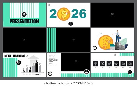 Template business presentations, green design elements on a white background. Businessman with finances for 2026, buying a property apartments. Use in flyer PowerPoint infographic. Vector illustration