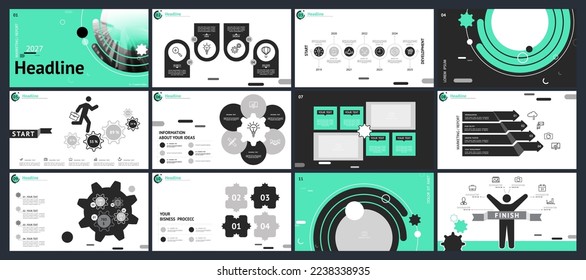 Plantilla para presentaciones de negocios. Diseño de diapositivas en fondo verde y blanco. Diapositiva multipropósito, infografía, portada del folleto, informe, anuncio, texto, folleto, marketing, banner Gráfico, vector