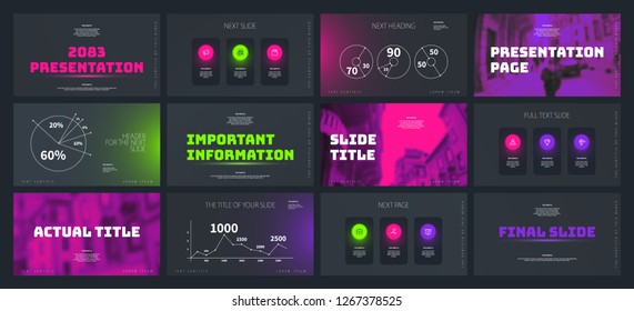 Template for business presentations. UFO Green, Plastic Pink and Proton Purple elements on a dark background. Presentation slide, flyer leaflet, brochure cover, report, marketing and banner