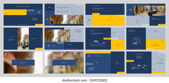 Template for business presentations. Yellow and Blue elements on a dark background. Presentation slide, flyer leaflet, brochure cover, report, marketing and banner