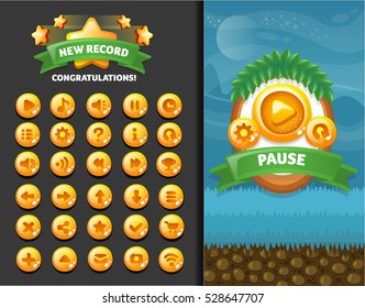template of buttons for casual games, mobile UI kit 