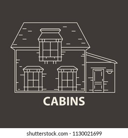 Template with cabin for glamping. Flat line style glamping travel logo. Vector illustration.