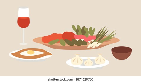 Template for cafe or restaurant. Local food emblem. Georgian cuisine dishes flat vector illustration. Demonstration of khachapuri and khinkali. Plate of sliced vegetables isolated on grey background