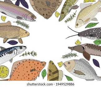 Template for cafe, restaurant, market and shop. River and sea fish with lemon and greenery hand drawn, frame. Vector illustration.