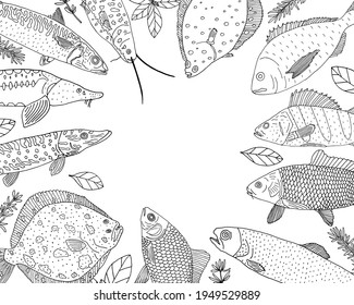 Template for cafe, restaurant, market and shop. River and sea fish with lemon and greenery hand drawn, frame. Vector illustration.