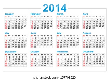 Template of a calendar 2014 year