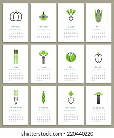 Template for calendar 2015. Vegetables. Icons. Isolated. Vector