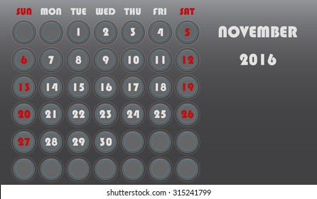 Template of calendar for 2016