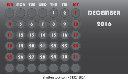 Template of calendar for 2016