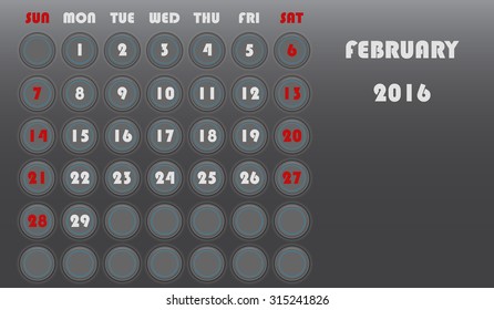 Template of calendar for 2016