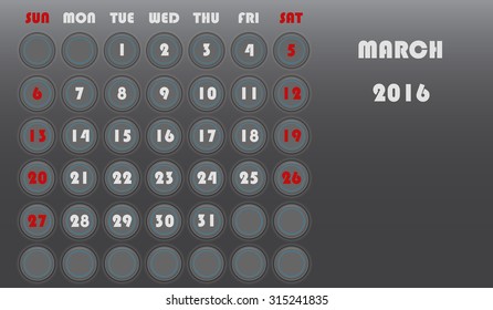 Template of calendar for 2016