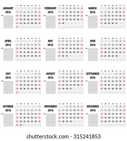 Template of calendar for 2016