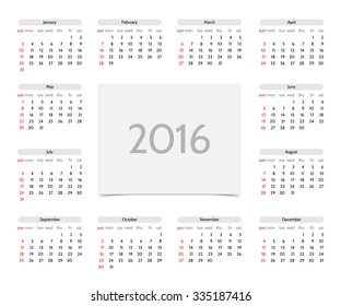 Template of calendar for 2016