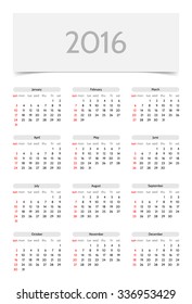 Template of calendar for 2016