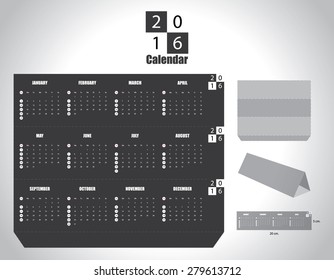 Template of Calendar 2016 triangle shaped, Black, Vertical calendar grid 