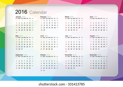 Template of calendar "2016" year with modern colorful background. Vector illustration.