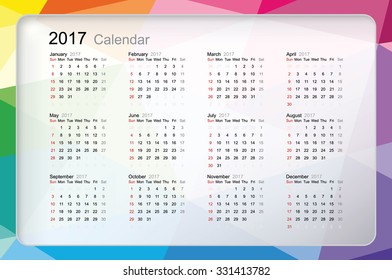 Template of calendar "2017" year with modern colorful background. Vector illustration.