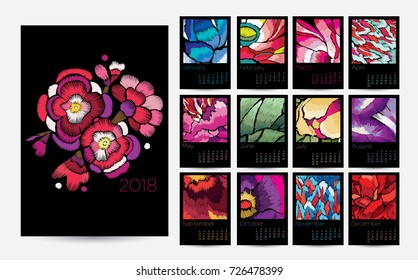 Template calendar 2018 with floral fragments. Calendar layout with embroidery elements. Modern abstract calendar design.